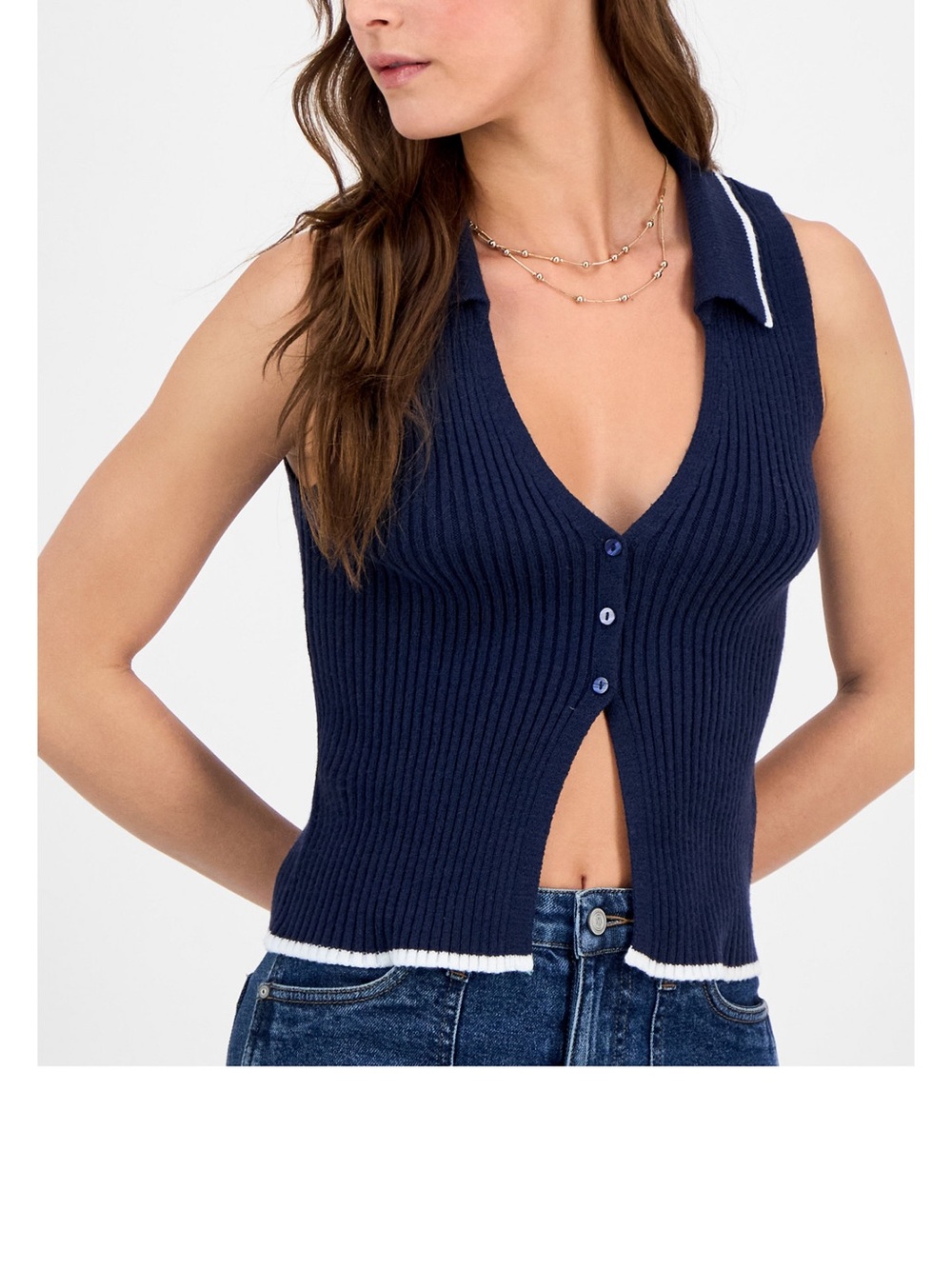 Freshman Navy Ribbed Sleeveless Polo Tank with White Trim